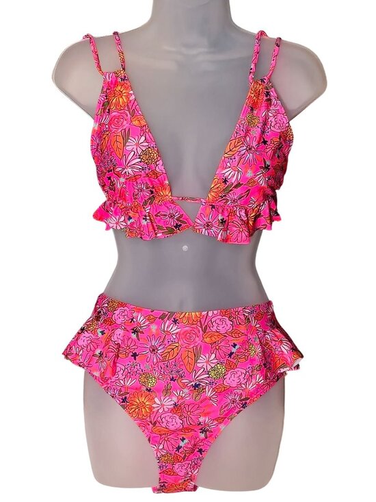 Sporlike Other - Floral Bikini Set M Pink Two Piece High Waist Ruffle Accent Adjustable Triangle